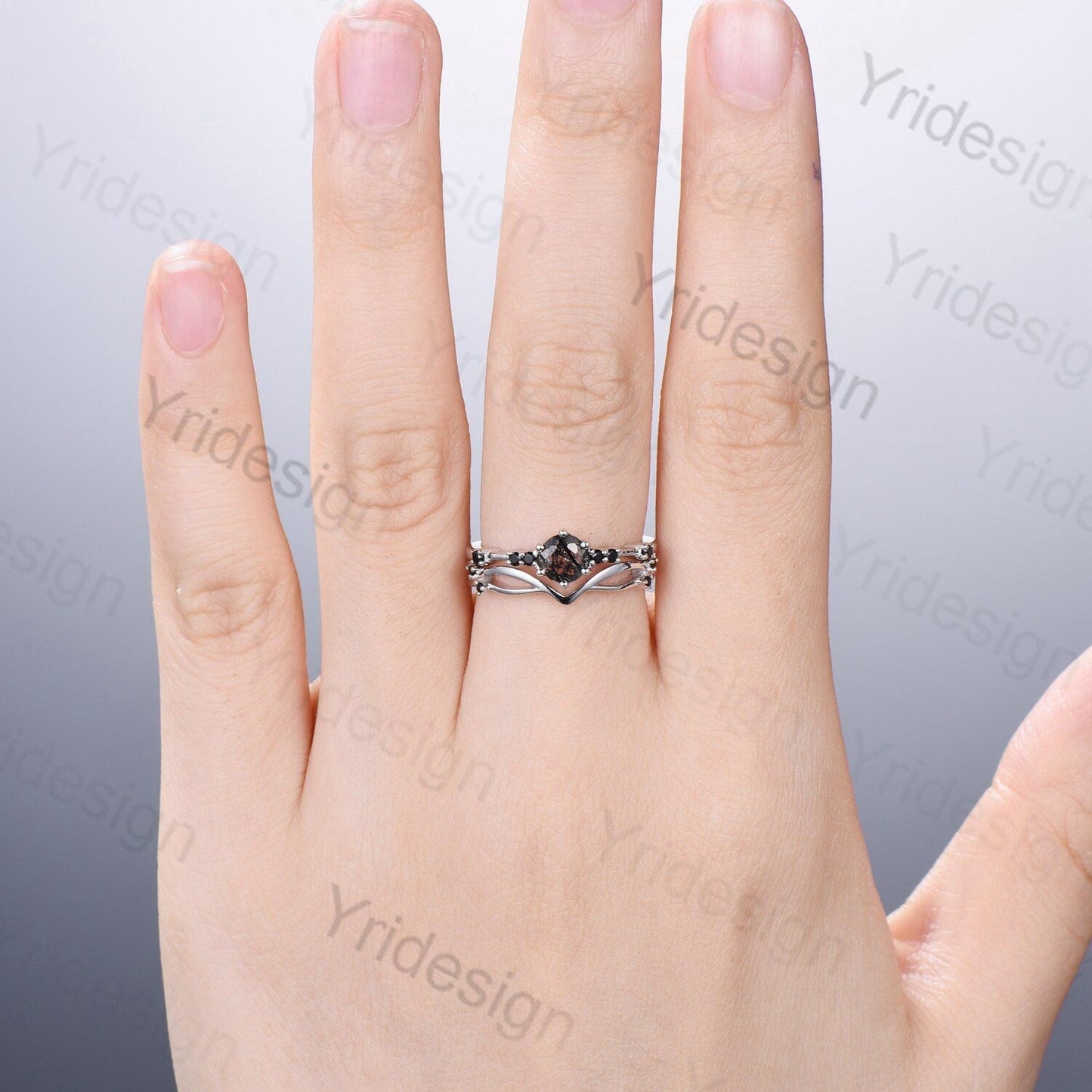 Dainty black rutilated quartz engagement ring set Minimalist spinel wedding Set women Art Deco Bridal Anniversary Rings Promise Ring for her