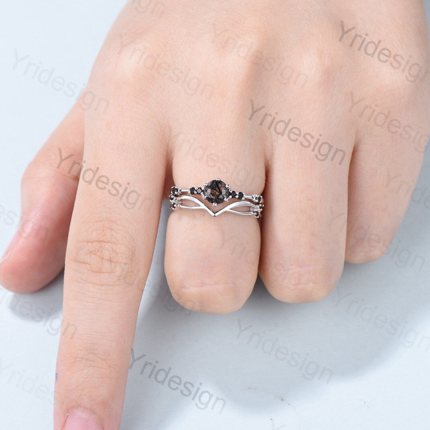 Dainty black rutilated quartz engagement ring set Minimalist spinel wedding Set women Art Deco Bridal Anniversary Rings Promise Ring for her