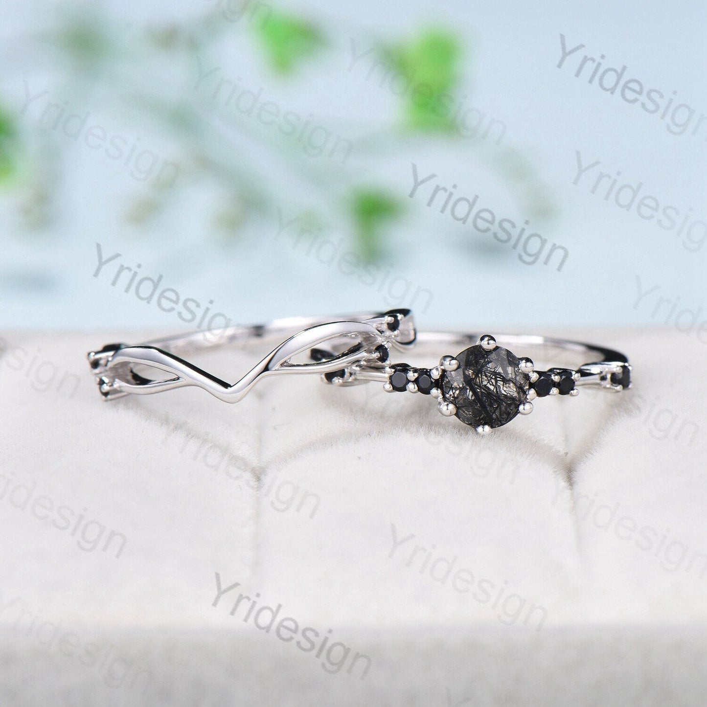 Dainty black rutilated quartz engagement ring set Minimalist spinel wedding Set women Art Deco Bridal Anniversary Rings Promise Ring for her