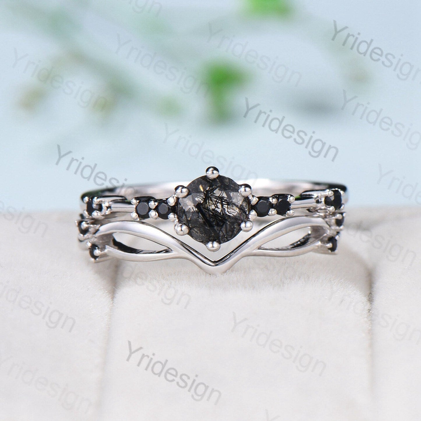 Dainty black rutilated quartz engagement ring set Minimalist spinel wedding Set women Art Deco Bridal Anniversary Rings Promise Ring for her