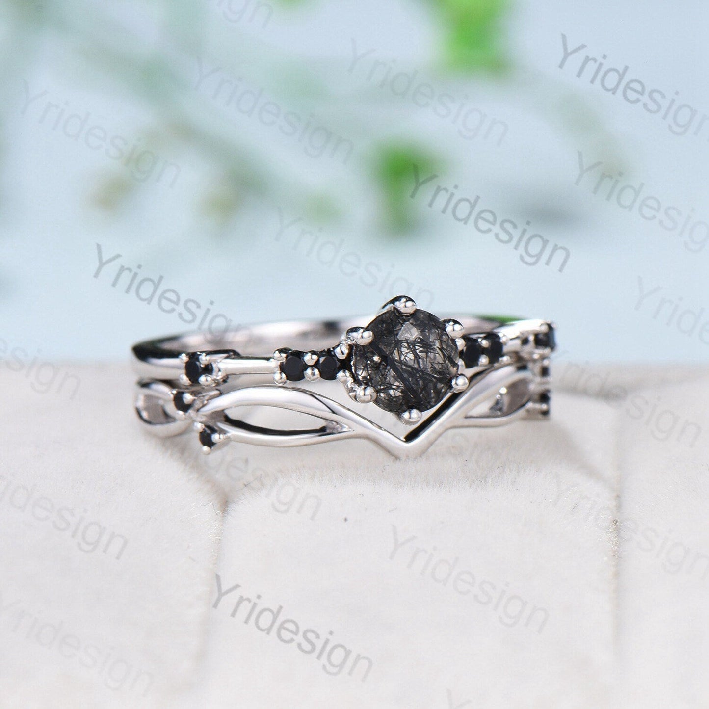 Dainty black rutilated quartz engagement ring set Minimalist spinel wedding Set women Art Deco Bridal Anniversary Rings Promise Ring for her