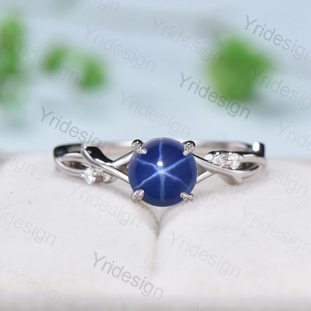 7mm Round Star Sapphire Engagement Ring Set Nature Inspired Branch Twig blue sapphire Wedding Set Unique Leaf anniversary promise ring