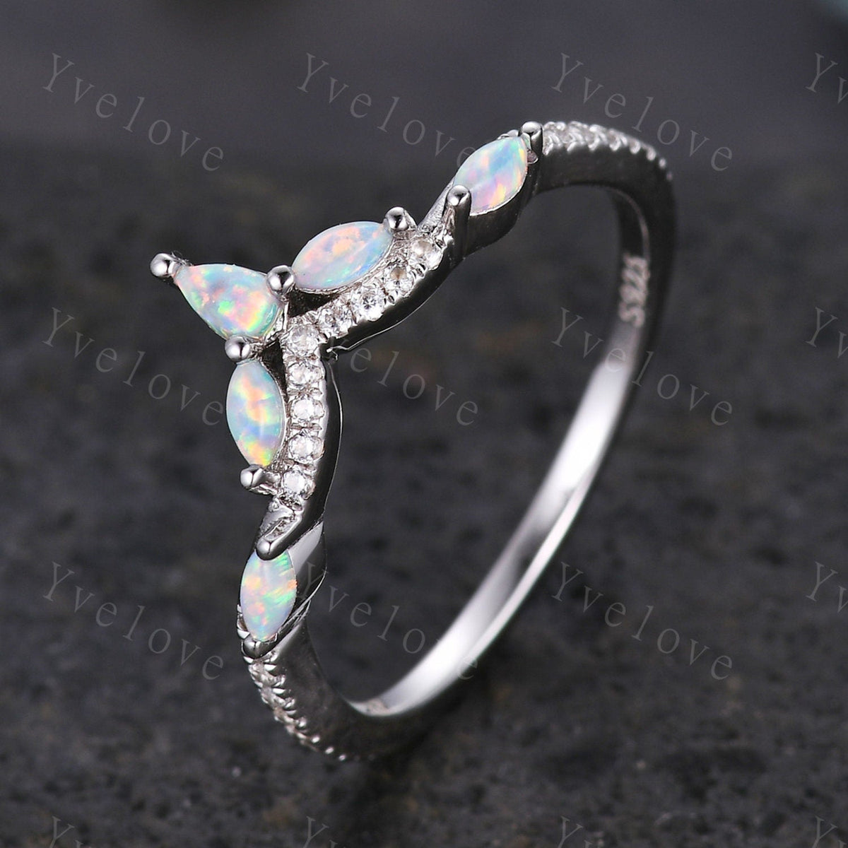Dainty White opal wedding band moissanite diamond V curved wedding ring stackable matching band gift for women bridal ring 925 silver ring