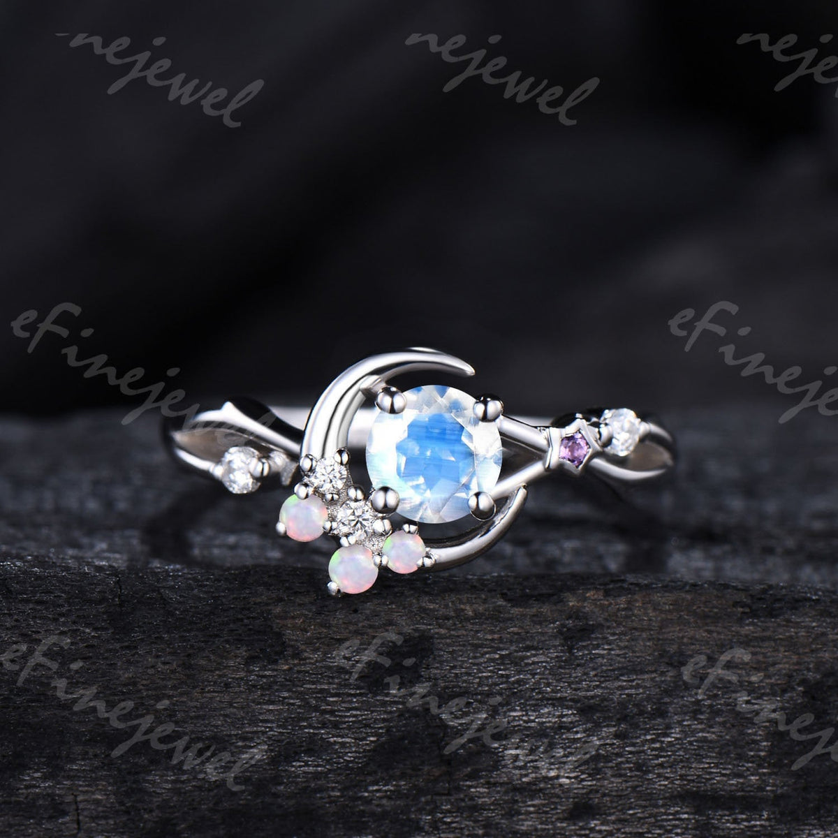 Dainty Moonstone Engagement Ring: Silver, Opal & Amethyst Accents