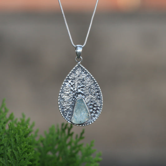 Raw Aquamarine Pendant, Sterling silver Pendant, March Birthstone, Handmade Pendant, Natural Aquamarine, Statement Boho Everyday Pendant