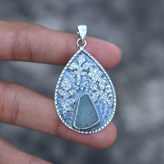 Raw Aquamarine Pendant, Sterling silver Pendant, March Birthstone, Handmade Pendant, Natural Aquamarine, Statement Boho Everyday Pendant