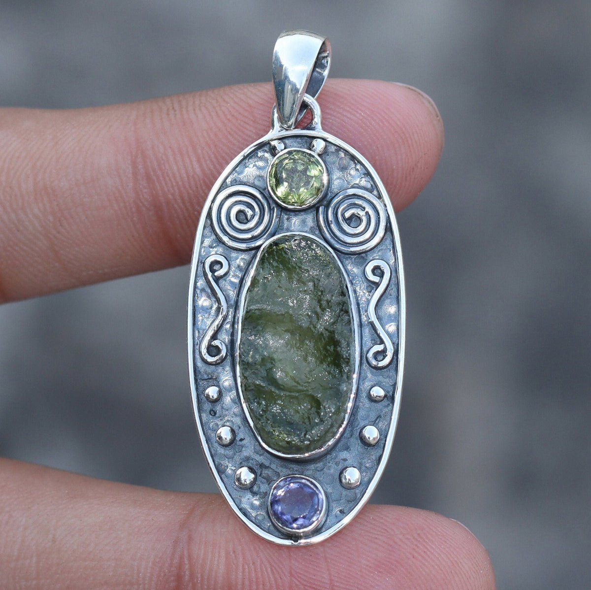 Moldavite Peridot Amethyst pendant, genuine gemstone pendant, sterling silver handmade pendant, 100% genuine with certified gemstone