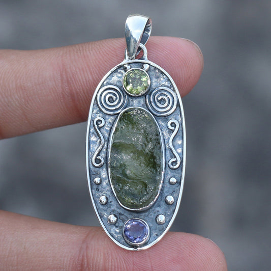 Moldavite Peridot Amethyst pendant, genuine gemstone pendant, sterling silver handmade pendant, 100% genuine with certified gemstone