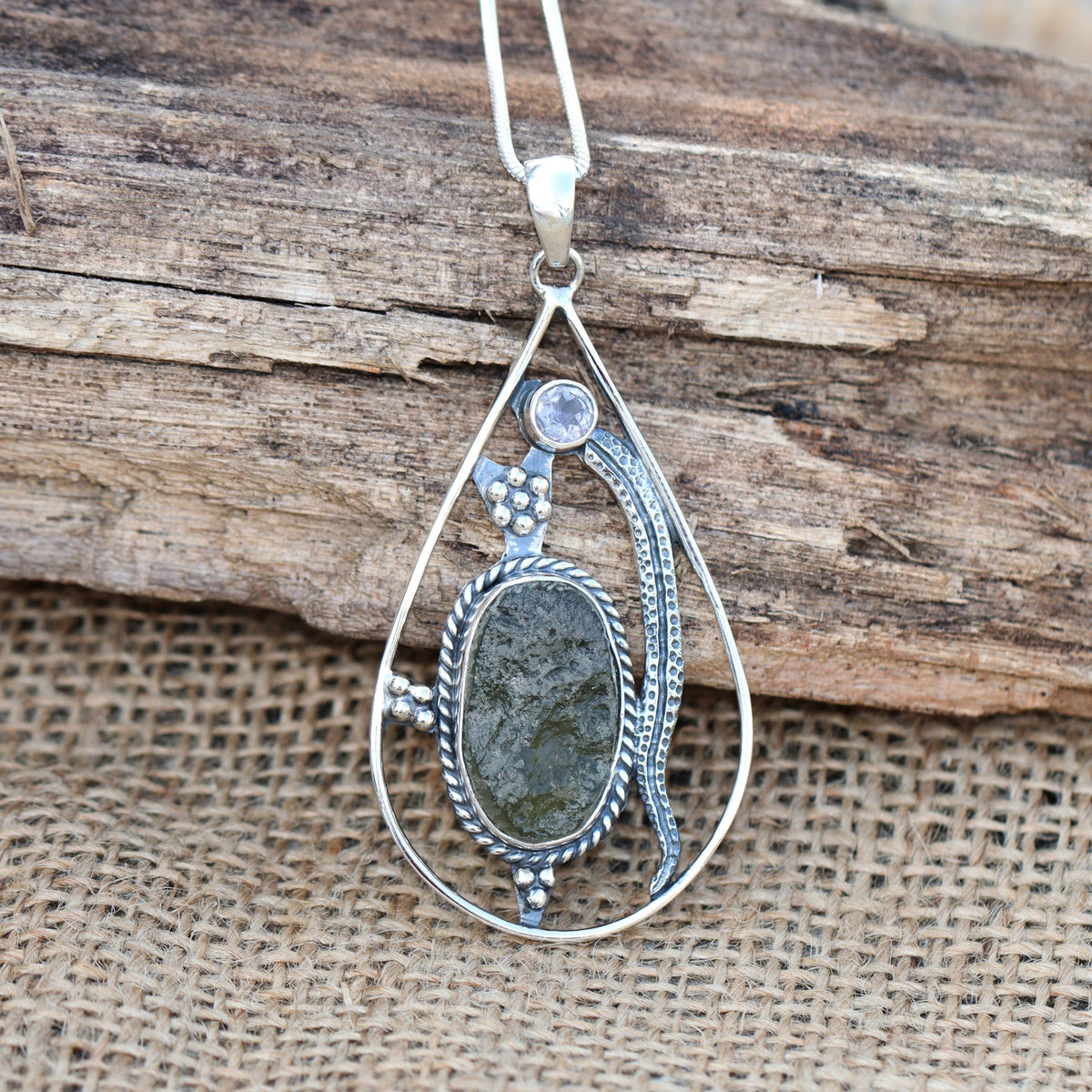 Moldavite Amethyst pendant, genuine gemstone pendant, sterling silver handmade pendant, 100% genuine with certified gemstone