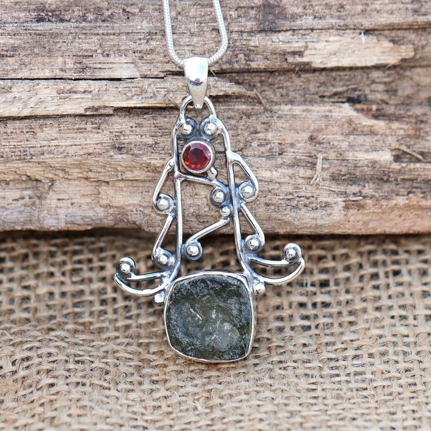 Moldavite Garnet pendant, genuine gemstone pendant, sterling silver handmade pendant, 100% genuine with certified gemstone