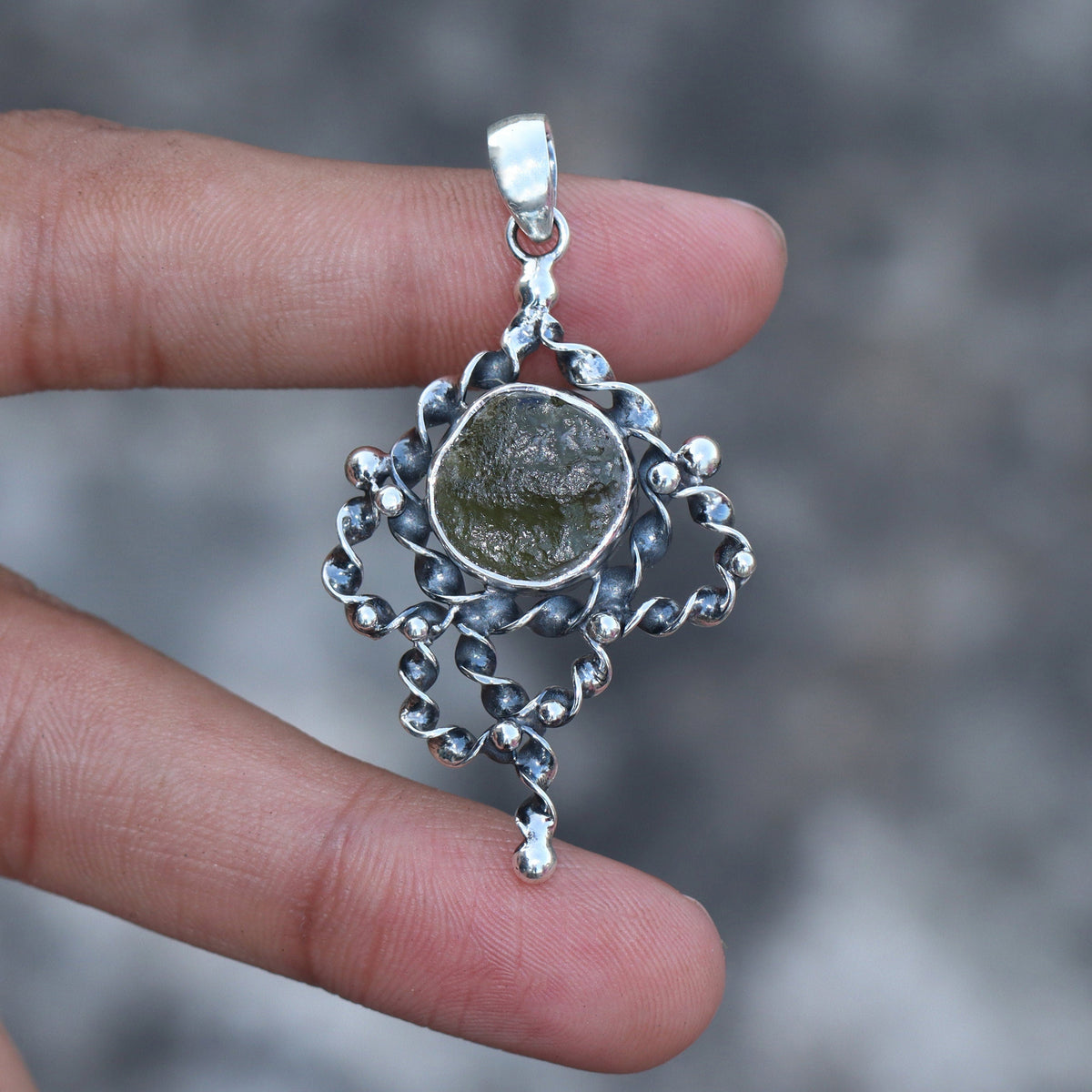 Genuine Moldavite Rough Pendant 100% Natural With Certified Gemstone From Czech Republic 925 Sterling Silver Handmade Designer Jewelry