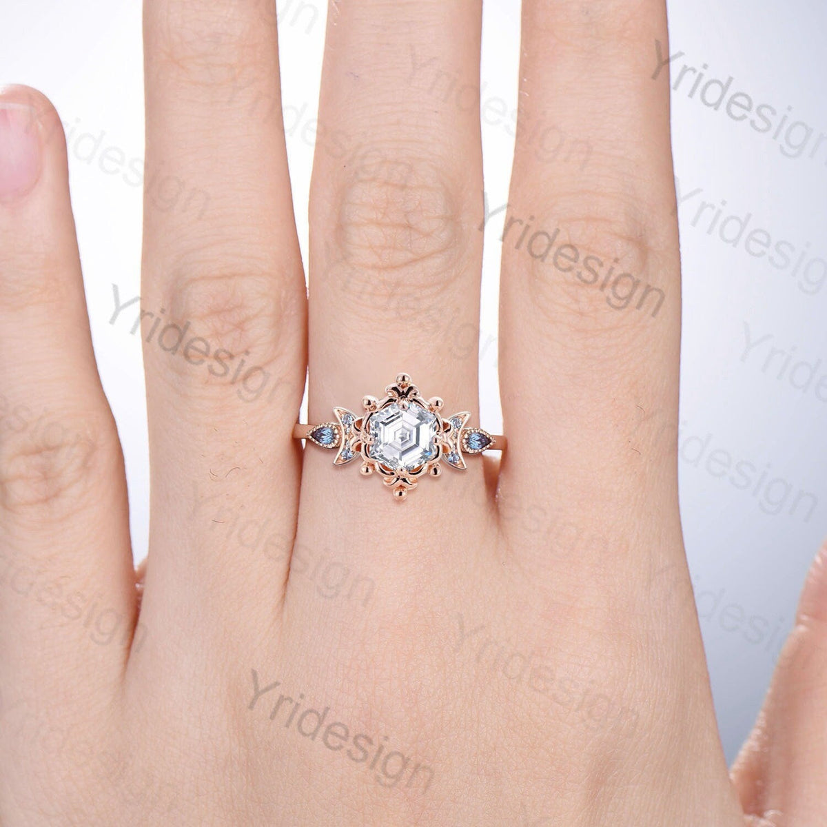Floral Hexagon Moissanite Engagement Ring Crescent Moon Pear Alexandrite Cluster Wedding Ring Unique Promise Ring Handmade Bridal Gift