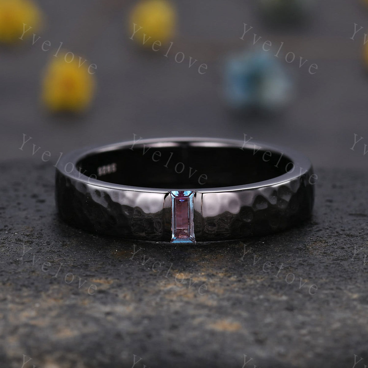 Mens Alexandrite Wedding Band Baguette Cut Alexandrite Band 5mm Black Gold Ring Mens Hammered Stacking Matching Band Retro Vintage Ring Gift
