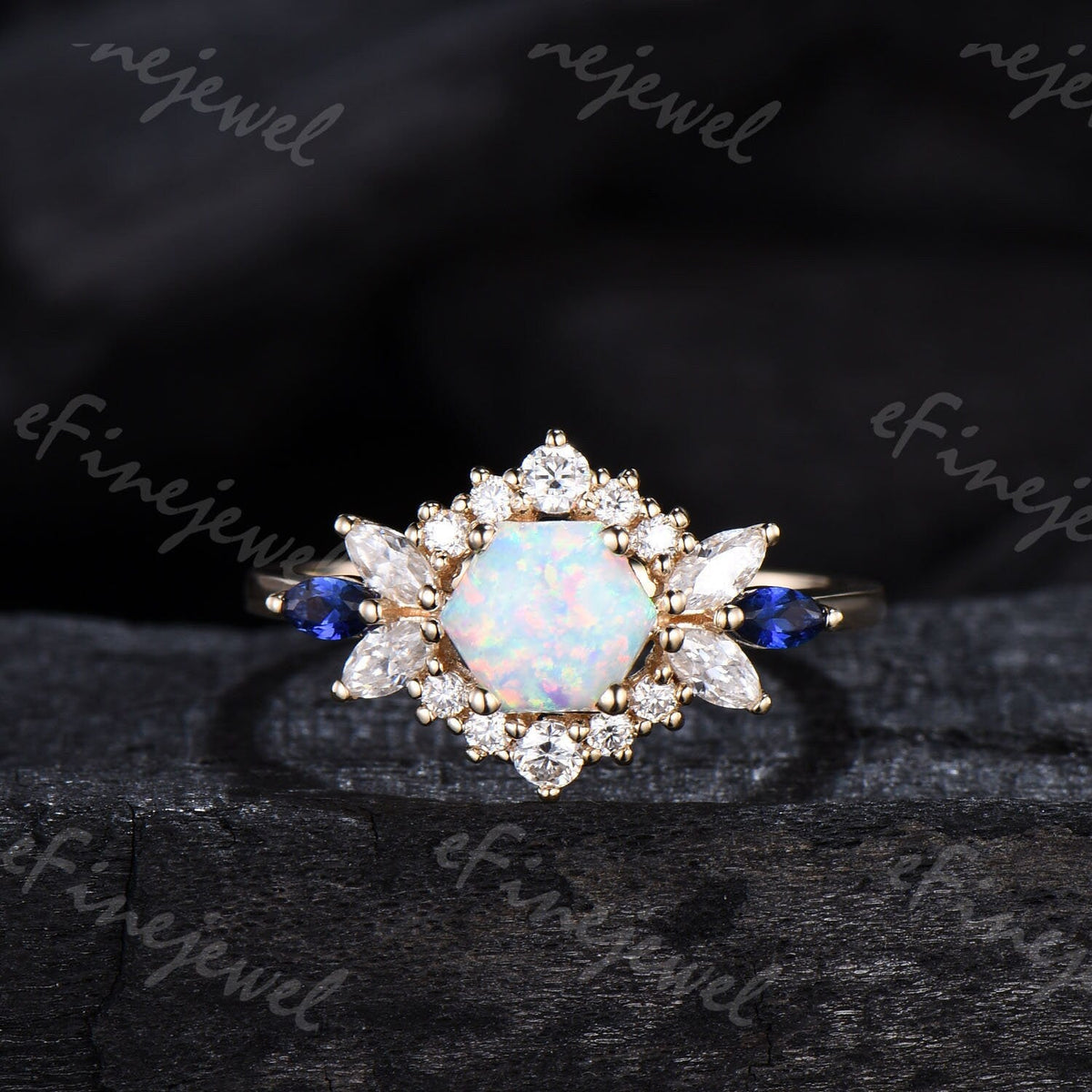Vintage Hexagon Opal Engagement Ring Set, Sapphire & Moissanite Halo