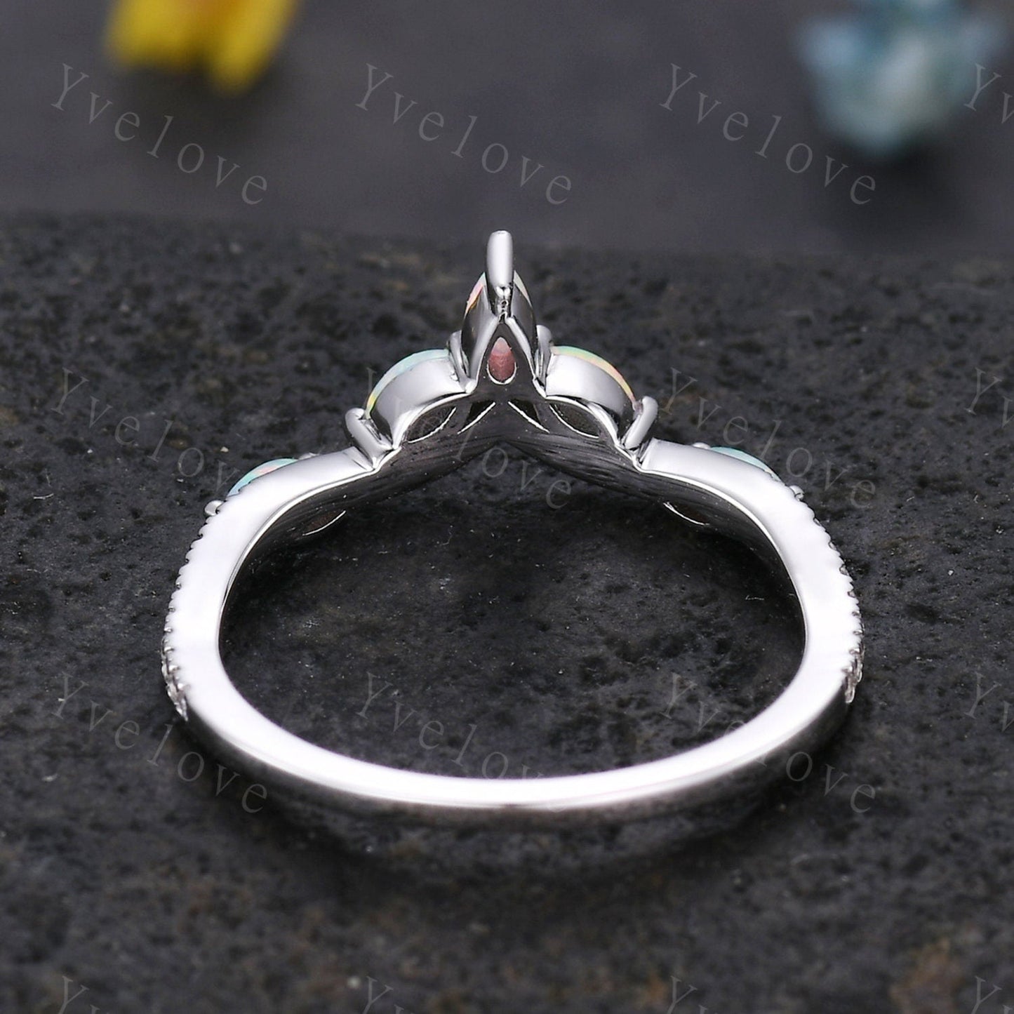 Dainty White opal wedding band moissanite diamond V curved wedding ring stackable matching band gift for women bridal ring 925 silver ring