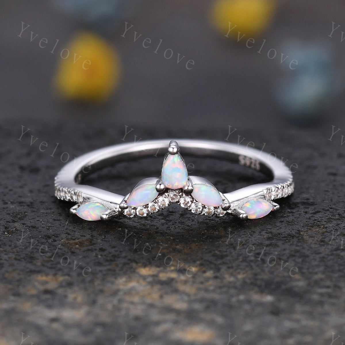 Dainty White opal wedding band moissanite diamond V curved wedding ring stackable matching band gift for women bridal ring 925 silver ring