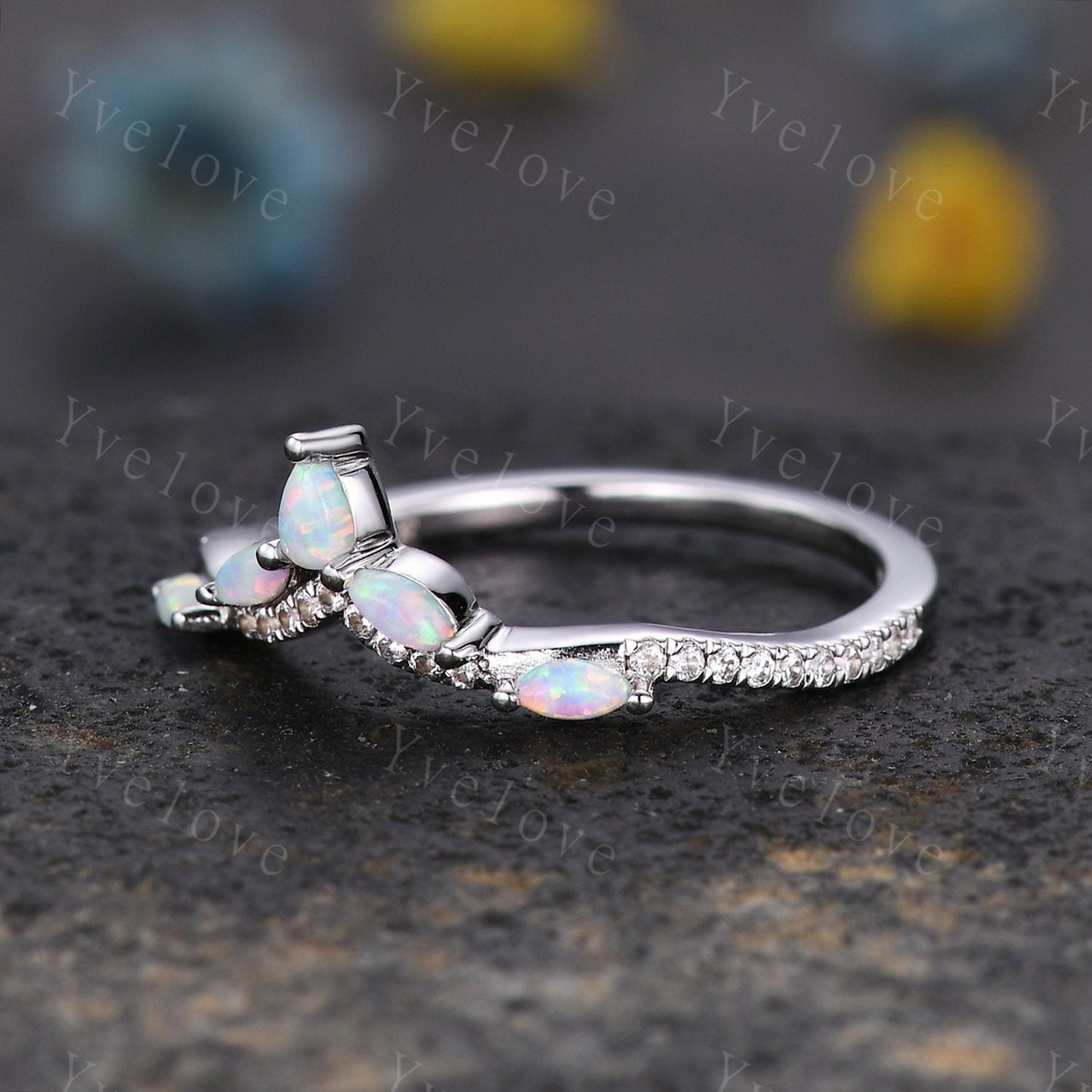 Dainty White opal wedding band moissanite diamond V curved wedding ring stackable matching band gift for women bridal ring 925 silver ring