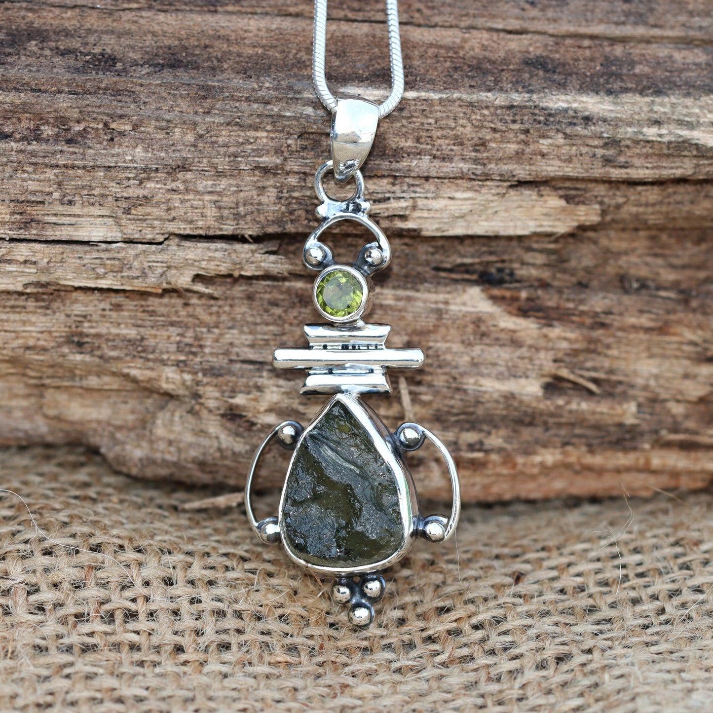 Moldavite Peridot pendant, genuine gemstone pendant, sterling silver handmade pendant, 100% genuine with certified gemstone