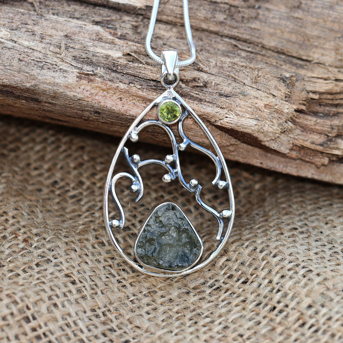 Moldavite Peridot pendant, genuine gemstone pendant, sterling silver handmade pendant, 100% genuine with certified gemstone