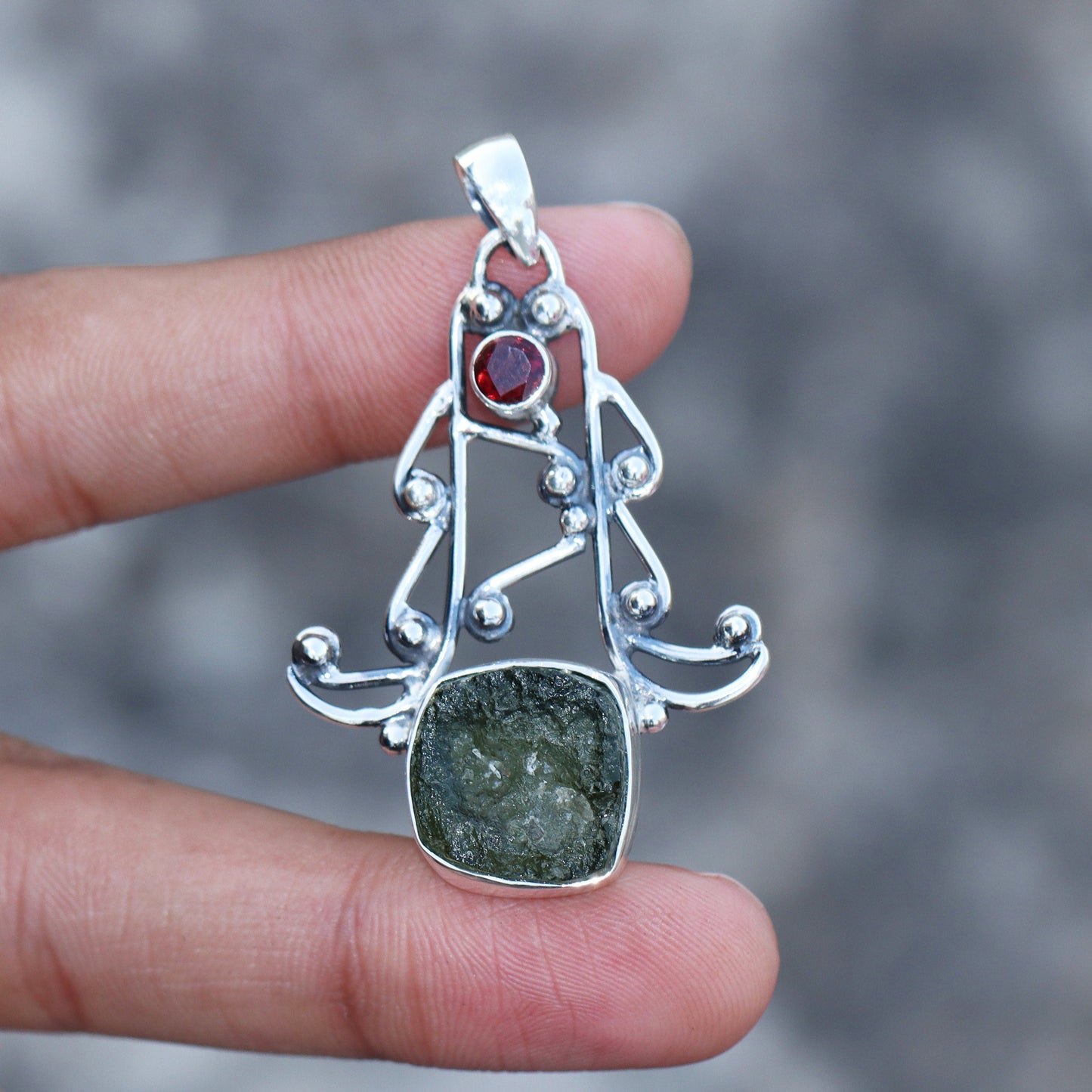 Moldavite Garnet pendant, genuine gemstone pendant, sterling silver handmade pendant, 100% genuine with certified gemstone
