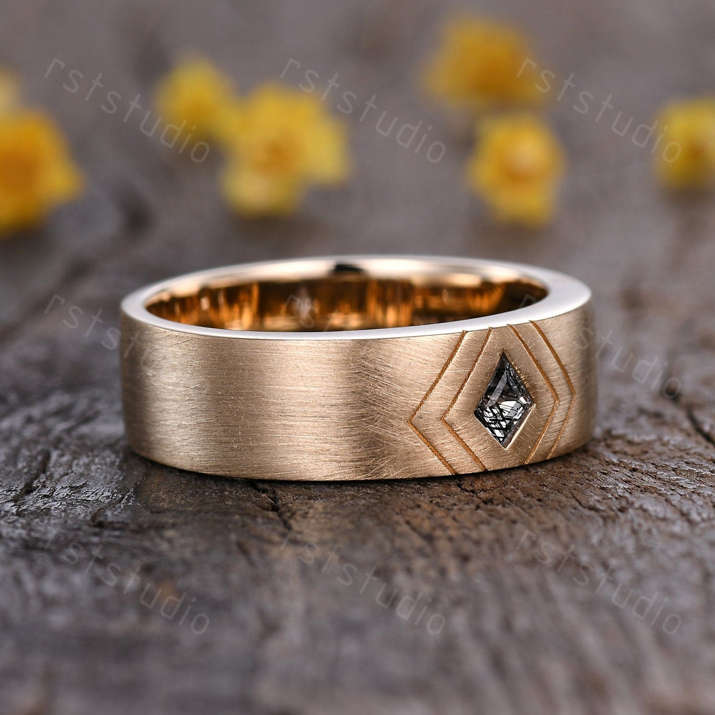 6mm Mens Kite Cut Black Rutilated Quartz Ring: 14k Solid Gold Retro Promise Ring Matt Finished