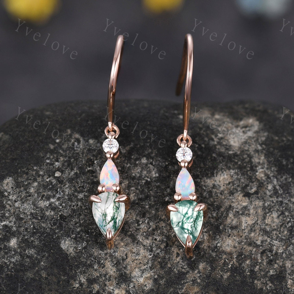 Unique Moss Agate Opal Earrings,Pear Cut Gems,Art Deco Moissanite Diamond Delicate Dainty Earrings,3 Stone Minimalist Women Gift for Her