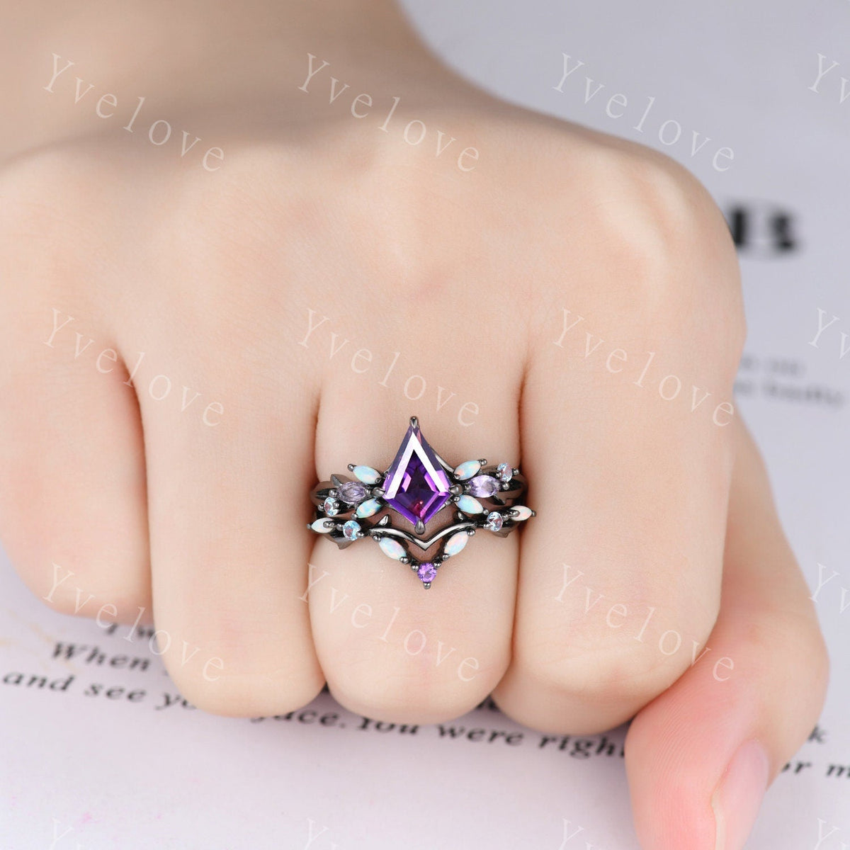 Vintage Kite Amethyst Engagement Ring Set,Black Gold,Vines Amethyst Opal Ring,Women Bridal Set,Unique Twig Anniversary Promise Ring Gift