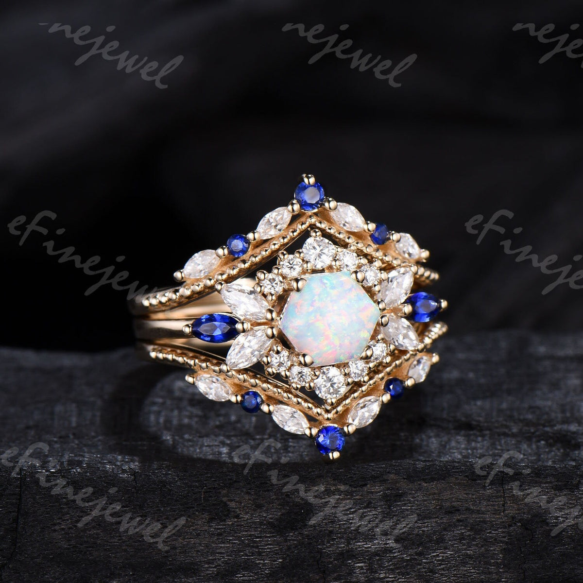 Vintage Hexagon Opal Engagement Ring Set, Sapphire & Moissanite Halo