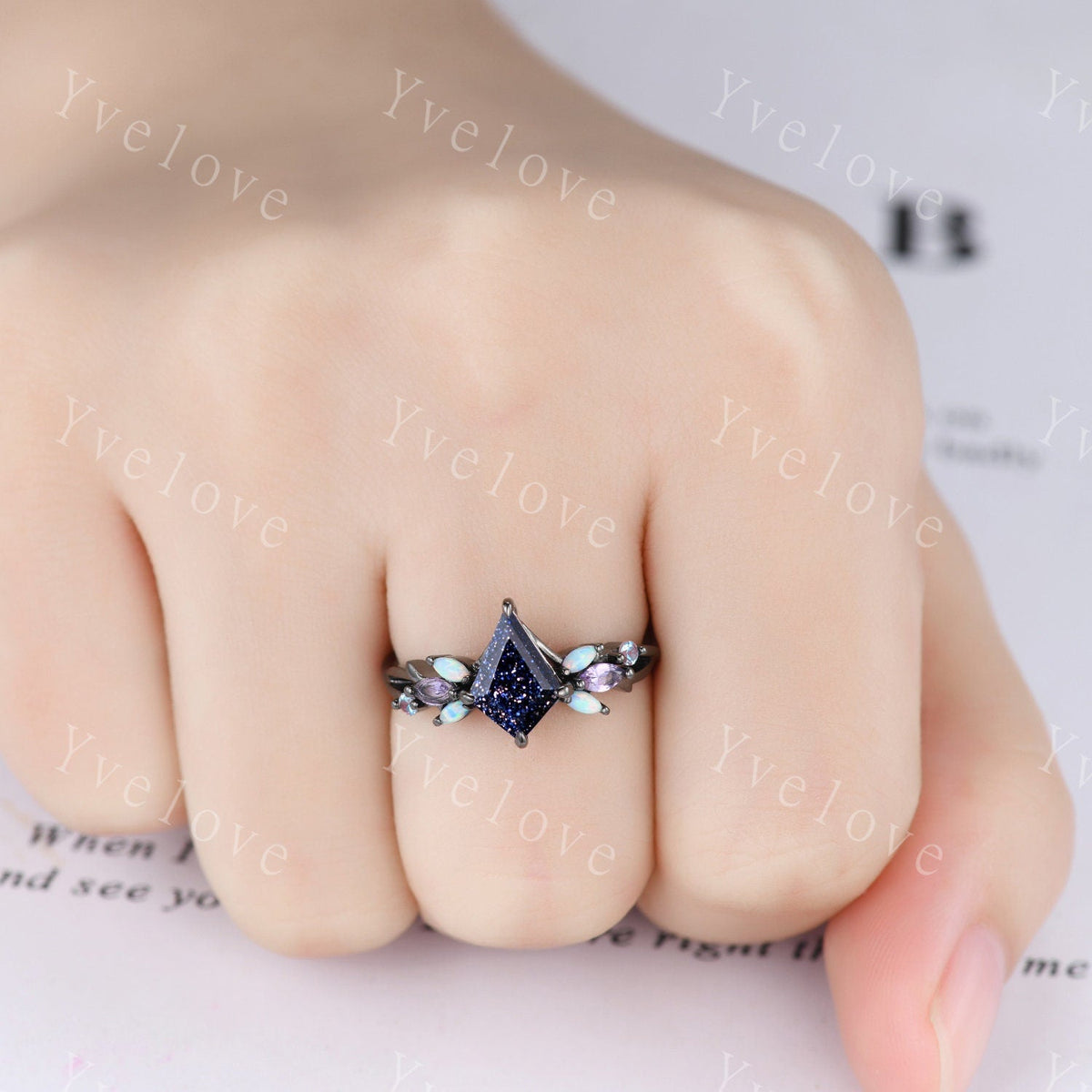 Custom Vintage Kite Sandstone Engagement Ring Set,Black Gold,Vines Amethyst Opal Ring,Women Bridal Set,Unique Twig Anniversary Promise Ring