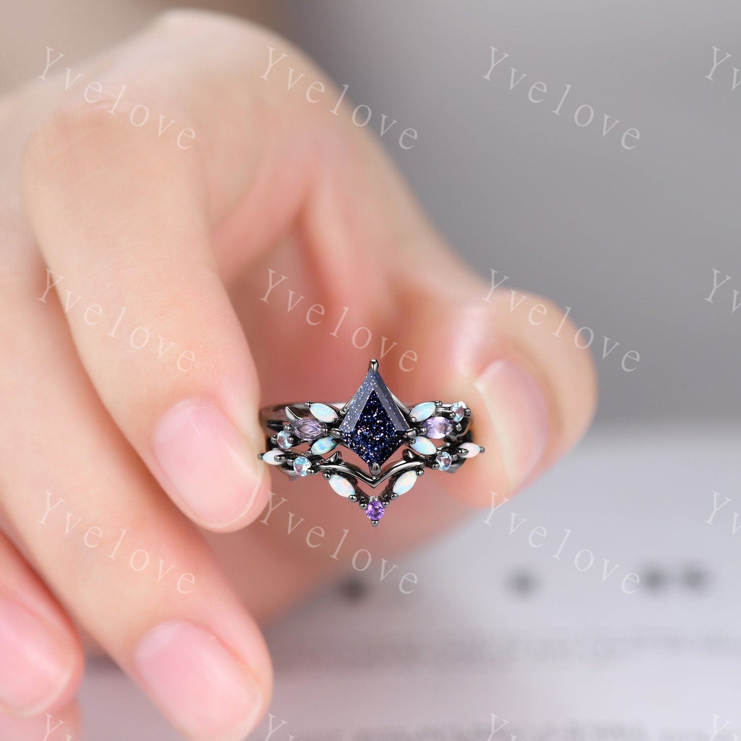 Custom Vintage Kite Sandstone Engagement Ring Set,Black Gold,Vines Amethyst Opal Ring,Women Bridal Set,Unique Twig Anniversary Promise Ring