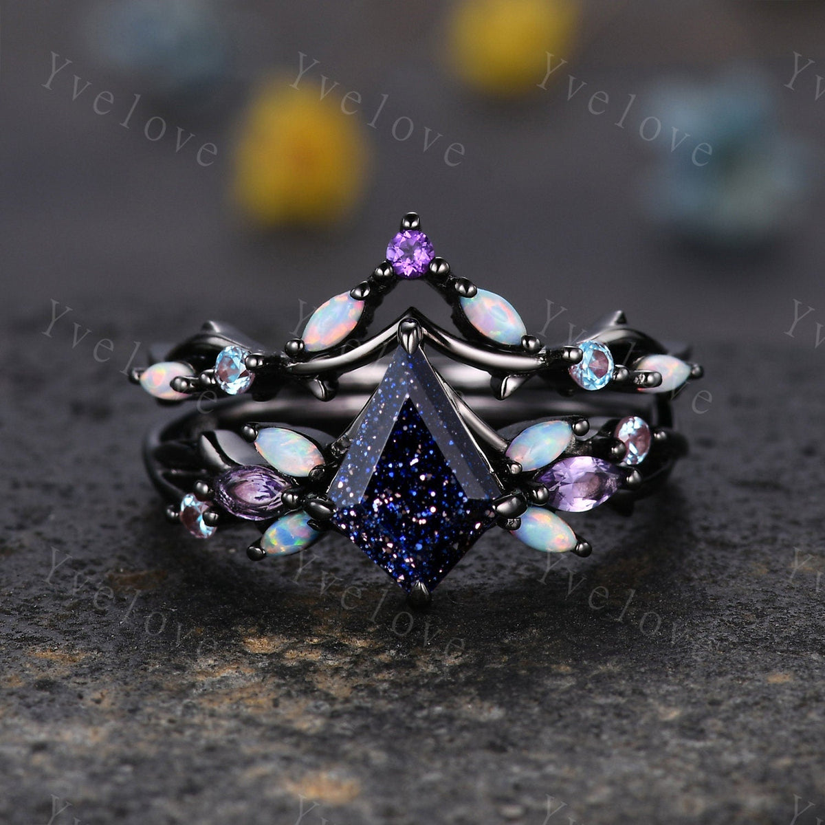 Vintage Kite Sandstone Engagement Ring Set,Black Gold,Vines Amethyst Opal Ring,Women Bridal Set,Unique Twig Anniversary Promise Ring Gift
