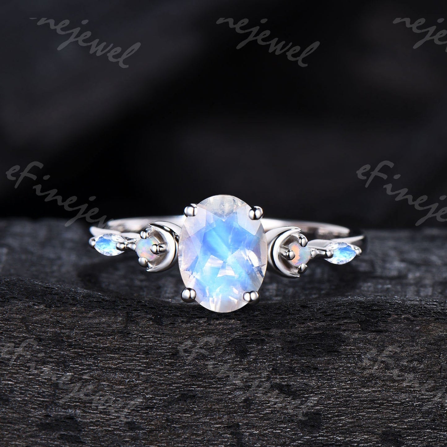 Vintage Oval Moonstone Engagement Ring, White Gold Anniversary Gift