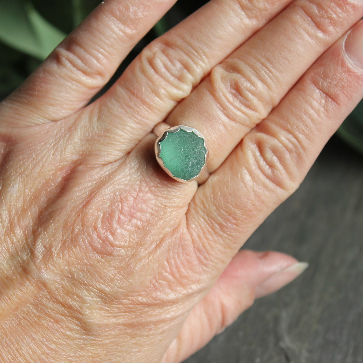 Chunky Teal Sea Glass Statement Ring | Sterling Silver | Handmade | Size 8 1/2