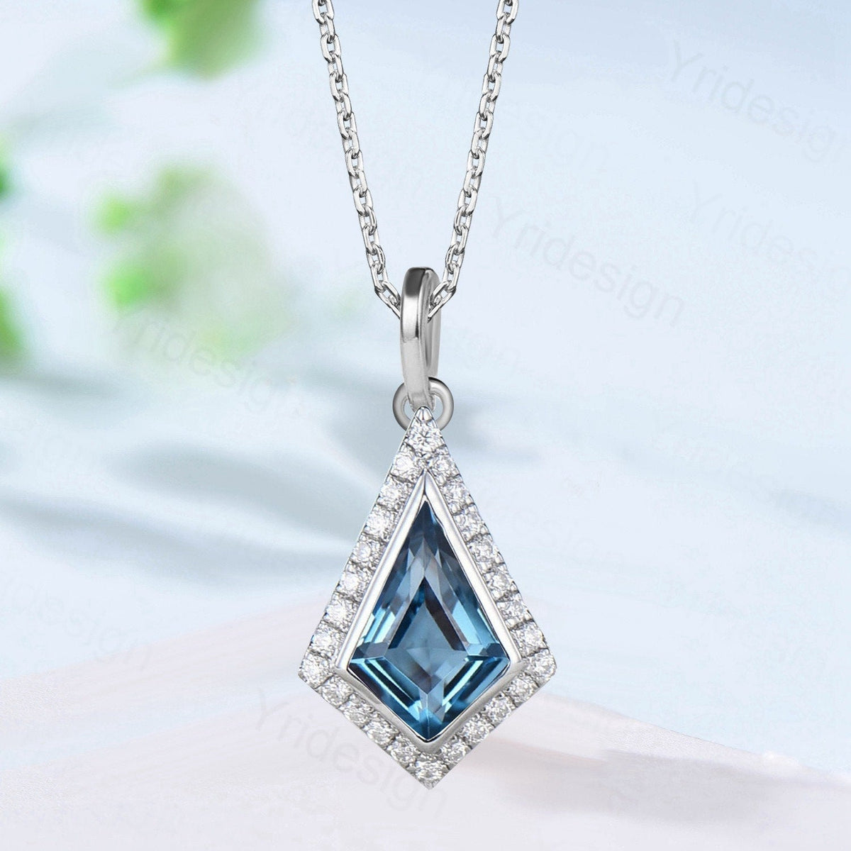 Kite cut London blue topaz pendant necklace unique halo moissanite diamond necklace pendant rose gold women bridal promise anniversary gift