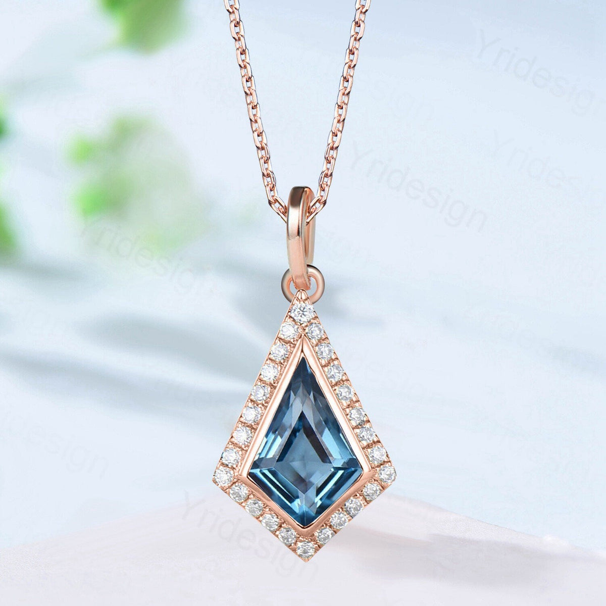 Kite cut London blue topaz pendant necklace unique halo moissanite diamond necklace pendant rose gold women bridal promise anniversary gift