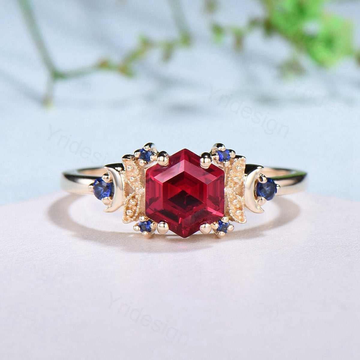 Vintage Moon Ruby engagement ring unique hexagon cut red ruby milgrain wedding ring rose gold cluster sapphire ring handmade proposal gifts