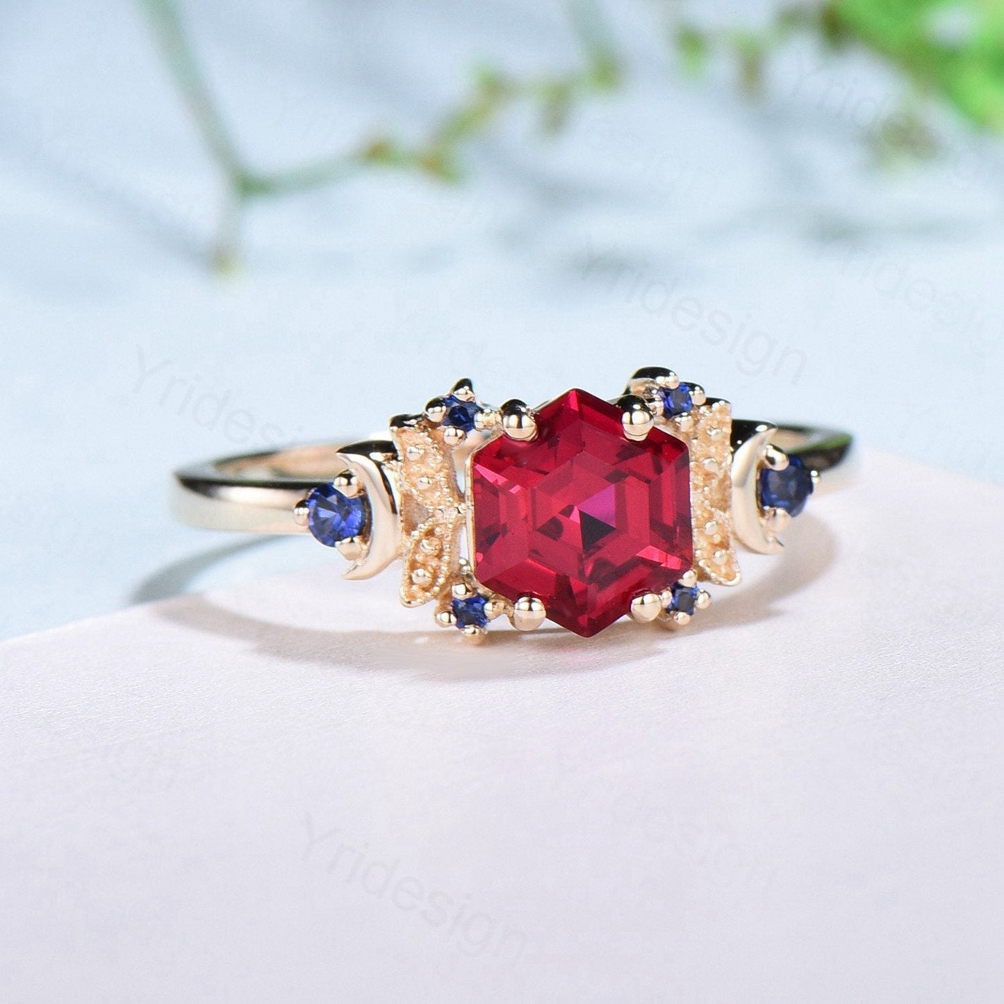 Vintage Moon Ruby engagement ring unique hexagon cut red ruby milgrain wedding ring rose gold cluster sapphire ring handmade proposal gifts