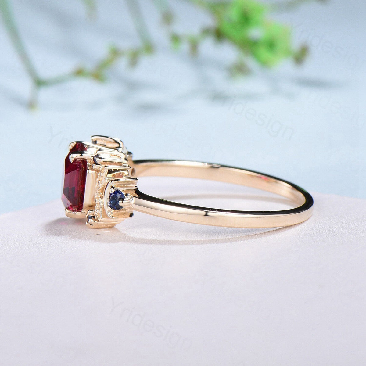 Vintage Moon Ruby engagement ring unique hexagon cut red ruby milgrain wedding ring rose gold cluster sapphire ring handmade proposal gifts