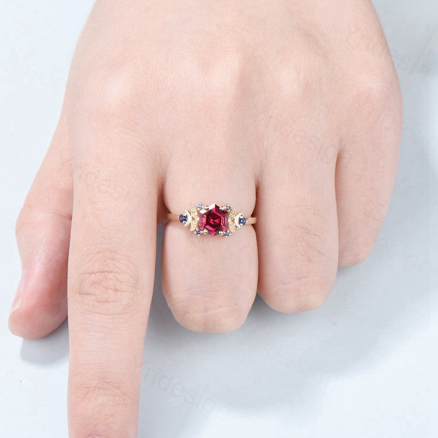 Vintage Moon Ruby engagement ring unique hexagon cut red ruby milgrain wedding ring rose gold cluster sapphire ring handmade proposal gifts