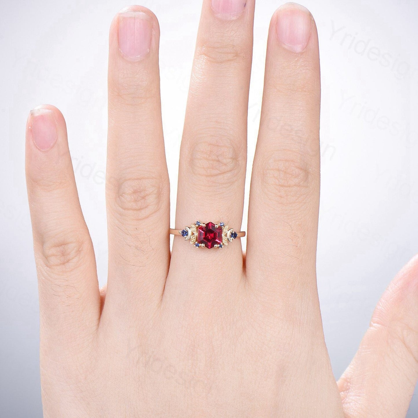 Vintage Moon Ruby engagement ring unique hexagon cut red ruby milgrain wedding ring rose gold cluster sapphire ring handmade proposal gifts