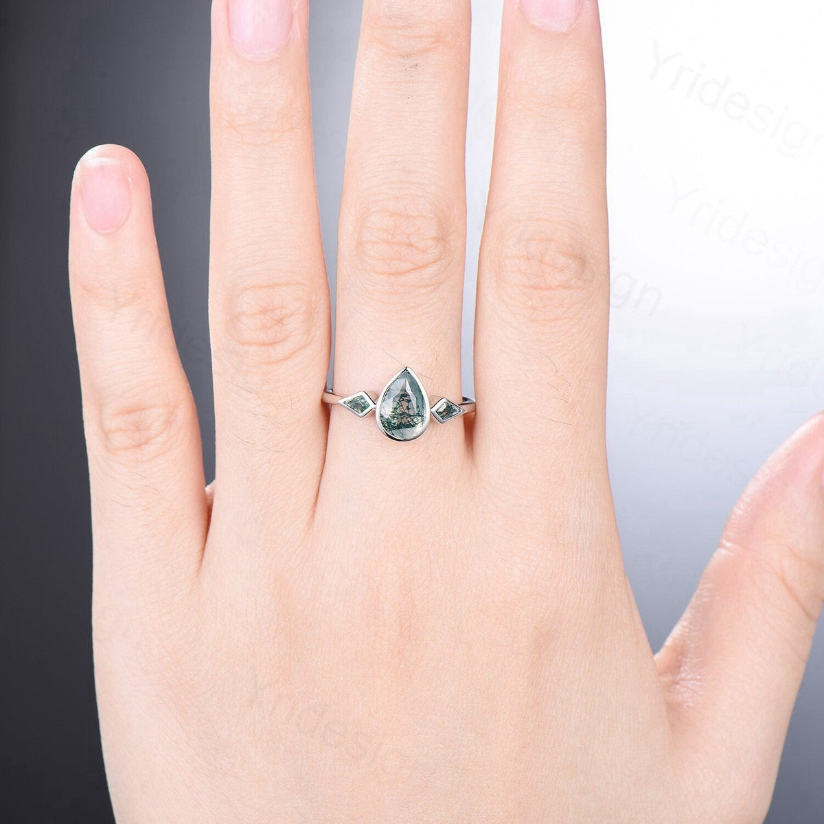 Bezel Set Moss Agate Ring Pear Aquatic Agate Engagement Ring Minimalist Kite Green Agate Wedding Ring For Women Three Stone Anniversary Ring
