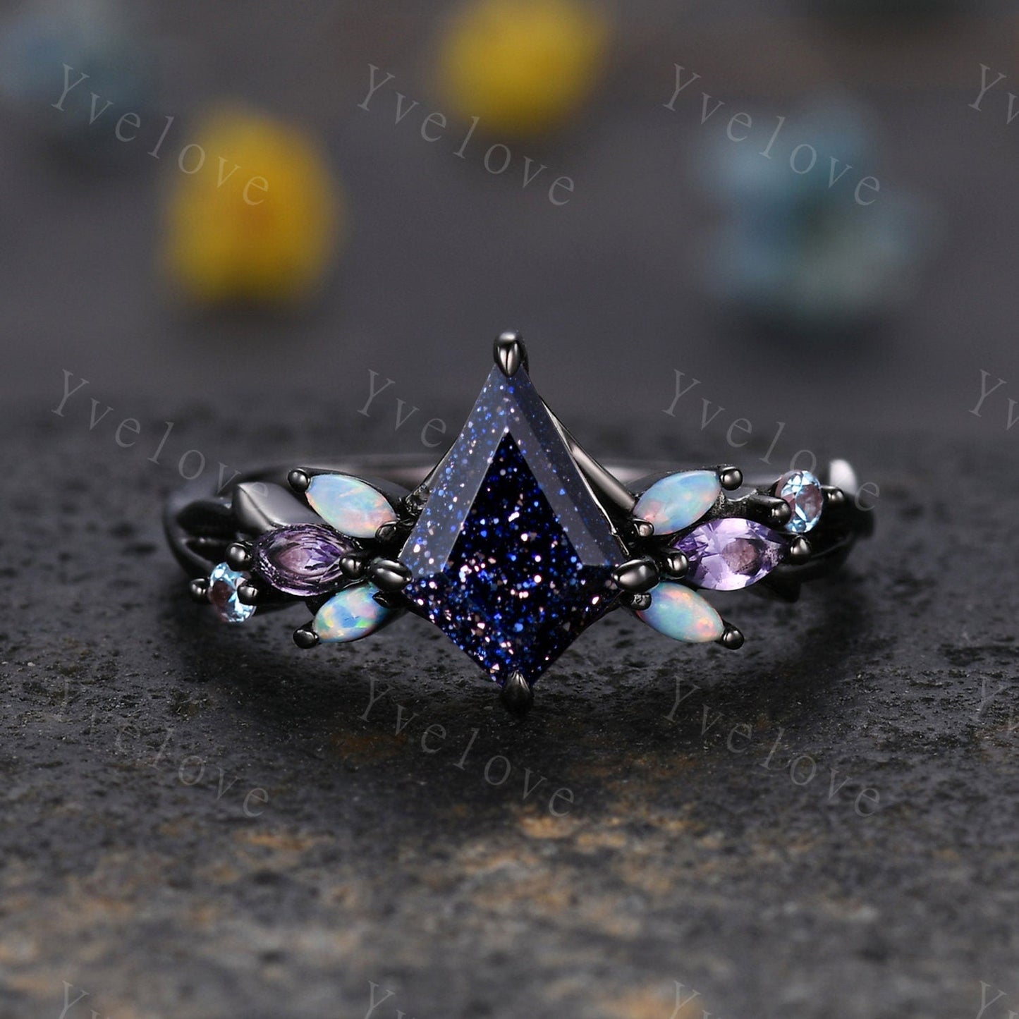 Vintage Kite Sandstone Engagement Ring Set,Black Gold,Vines Amethyst Opal Ring,Women Bridal Set,Unique Twig Anniversary Promise Ring Gift