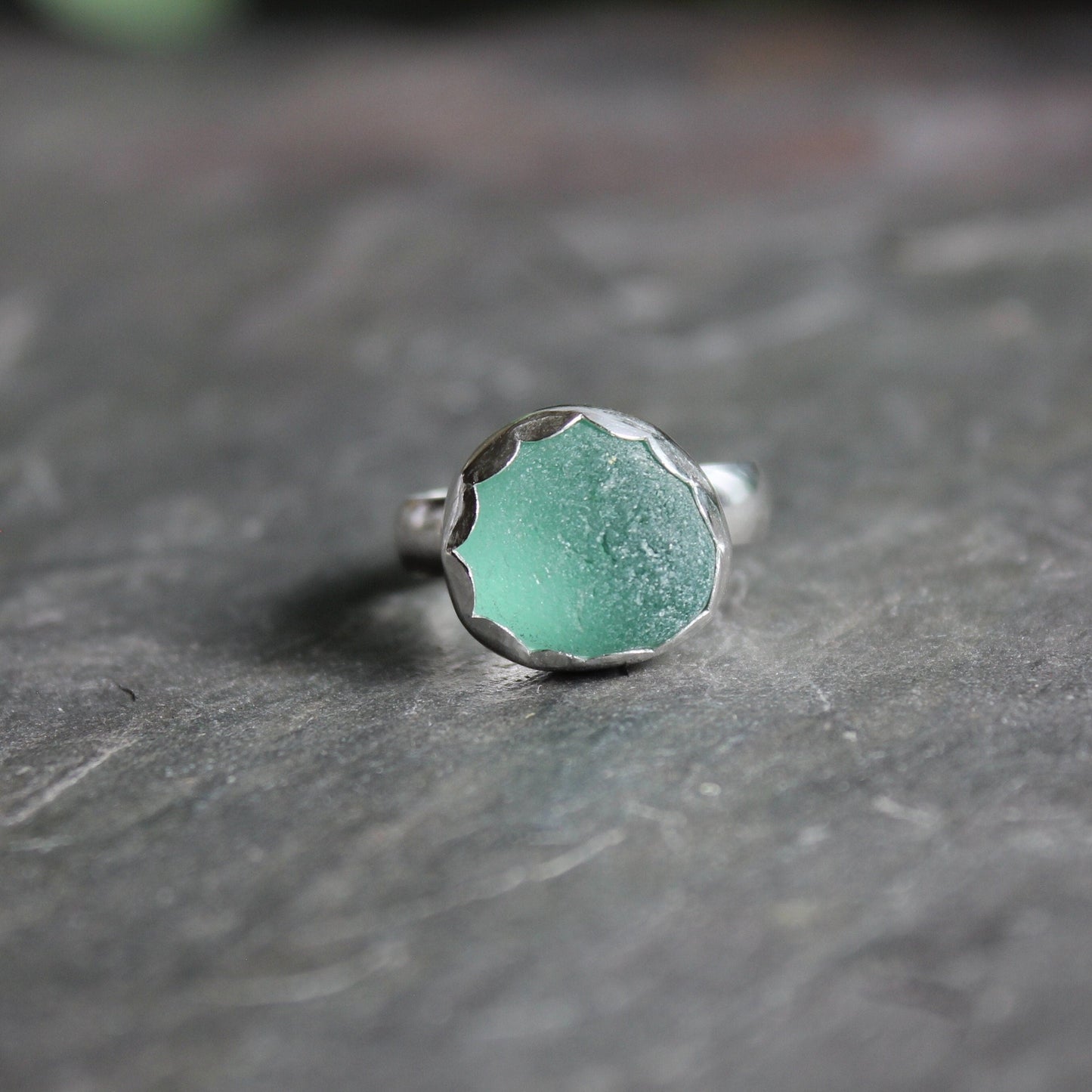 Chunky Teal Sea Glass Statement Ring | Sterling Silver | Handmade | Size 8 1/2