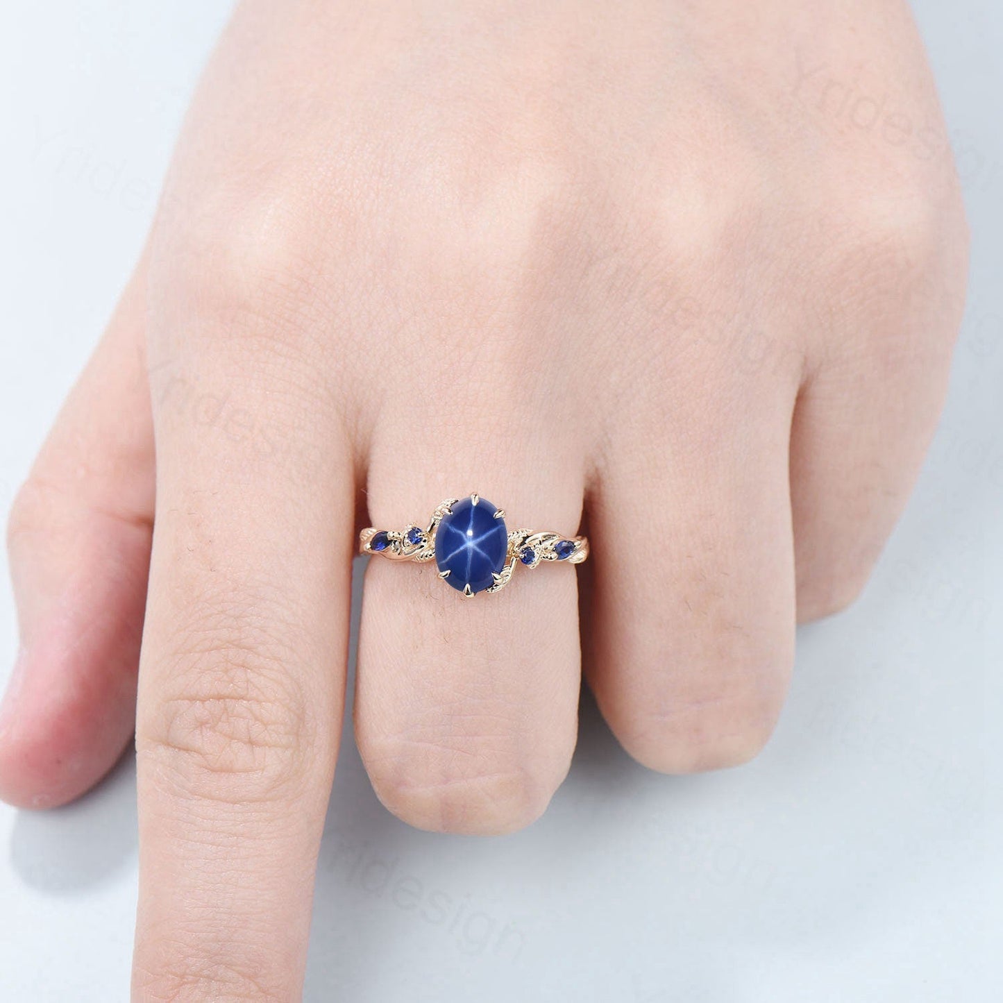 Vintage Inspired Star Sapphire Ring, Leaf Gold Band, Dainty Wedding Ring