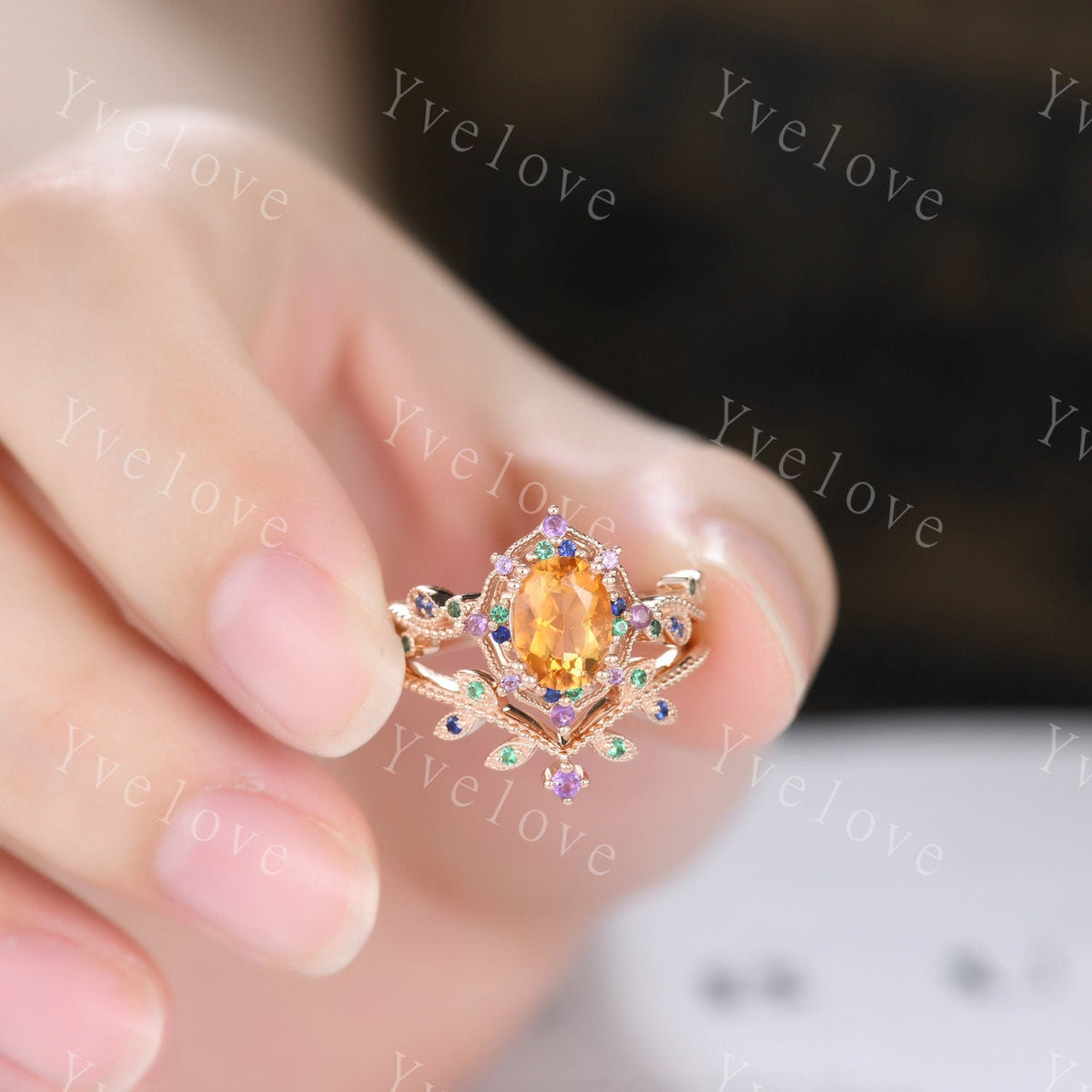 Oval citrine ring art deco engagement ring rose gold amethyst sapphire emerald wedding band vintage cluster ring women anniversary gift