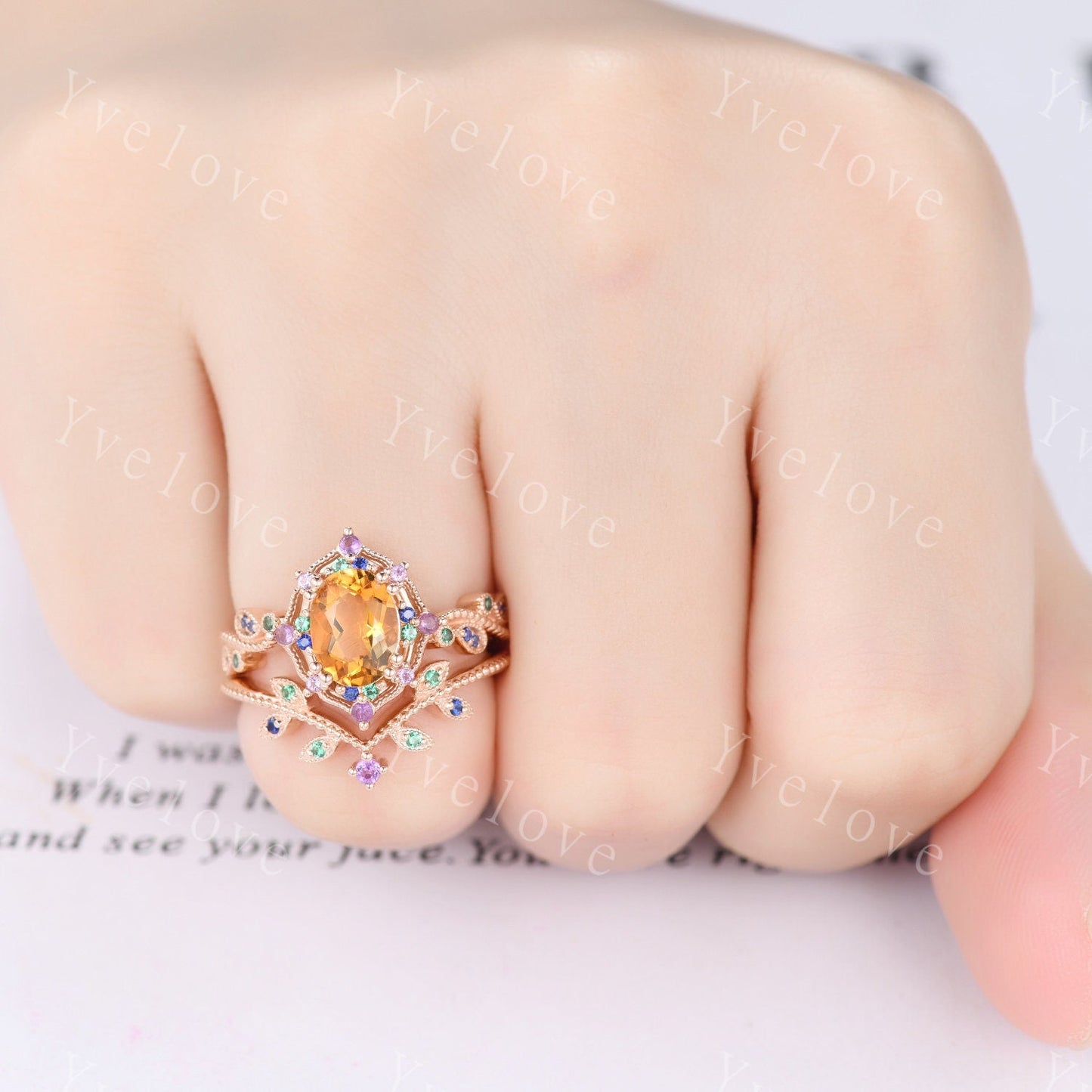 Oval citrine ring art deco engagement ring rose gold amethyst sapphire emerald wedding band vintage cluster ring women anniversary gift