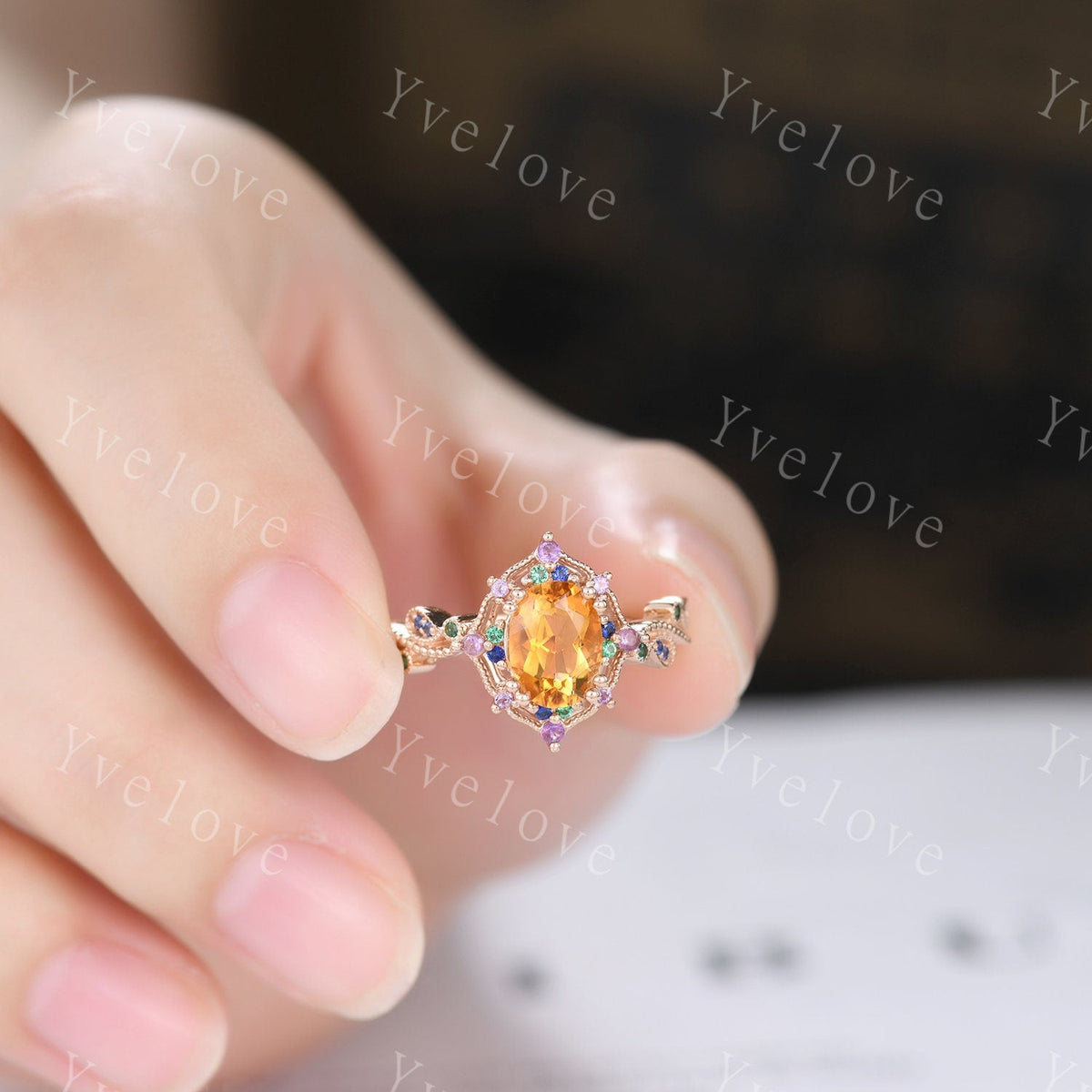 Oval citrine ring art deco engagement ring rose gold amethyst sapphire emerald wedding band vintage cluster ring women anniversary gift