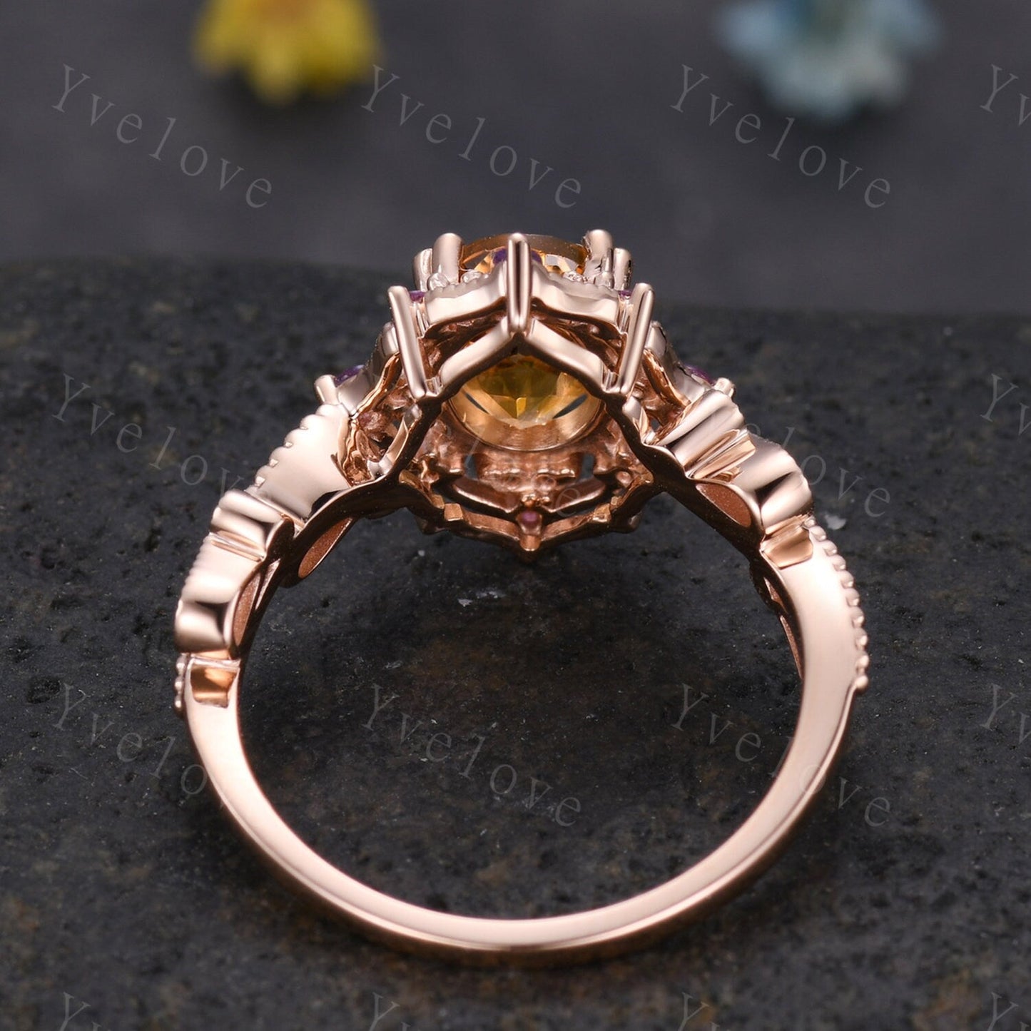 Oval citrine ring art deco engagement ring rose gold amethyst sapphire emerald wedding band vintage cluster ring women anniversary gift