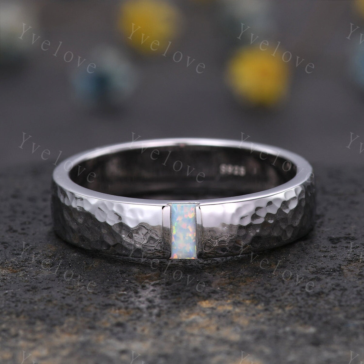 Mens White Fire Opal Wedding Band Baguette Cut Opal Band 5mm Black Silver Ring Mens Hammered Stacking Matching Band Retro Vintage Ring Gift