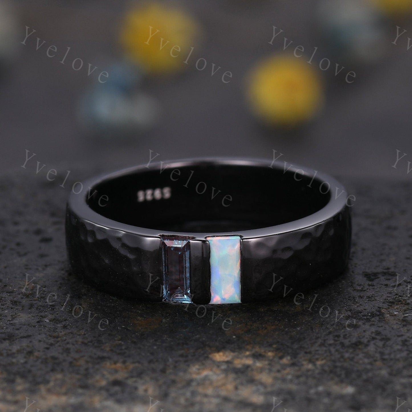 Mens Alexandrite Opal Wedding Band Baguette Cut Alexandrite Opal Band 5mm Gold Ring Mens Hammered Stacking Matching Band Retro Vintage Gift